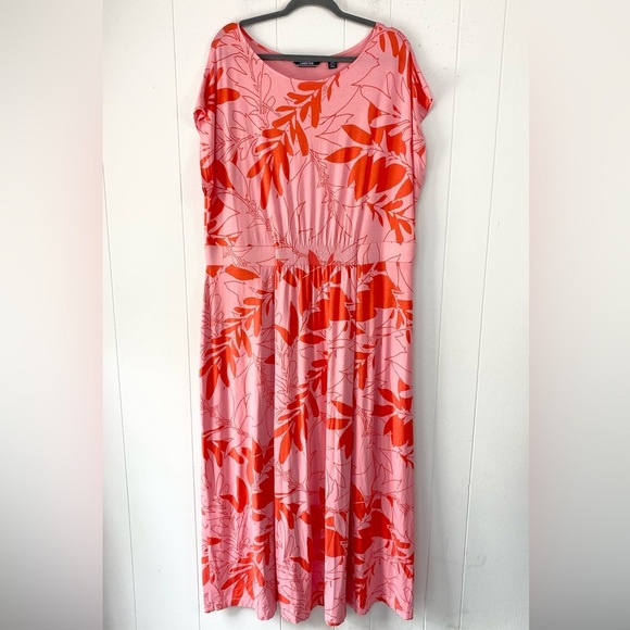 Land's End Dress Sz 2X Maxi Cap Sleeve Tropical Floral Leaf Print Pink Vacation - Picture 1 of 11